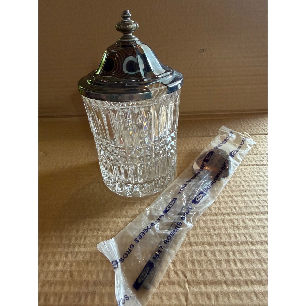 Vintage Cut Glass Jam Jar with Silver Plate Lid and 1847 Rogers Bros Spoon Set